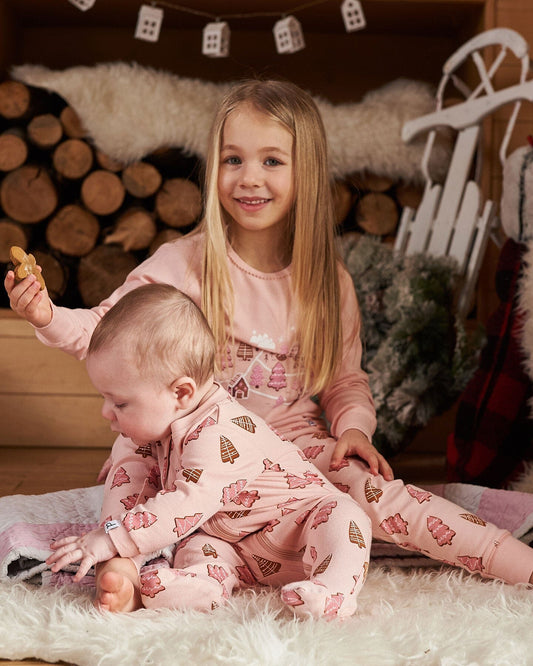 Organic Cotton Two Piece Pajama Set Pink Christmas Cookies-1