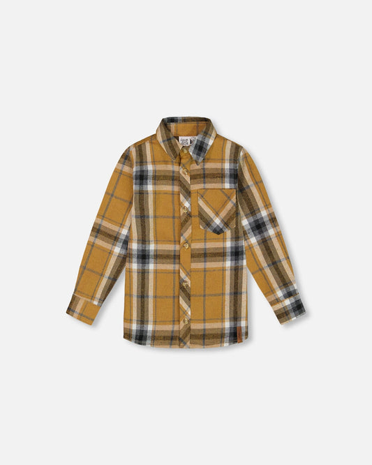 Button Down Flannel Shirt With Pocket Plaid Golden Yellow And Gray-0