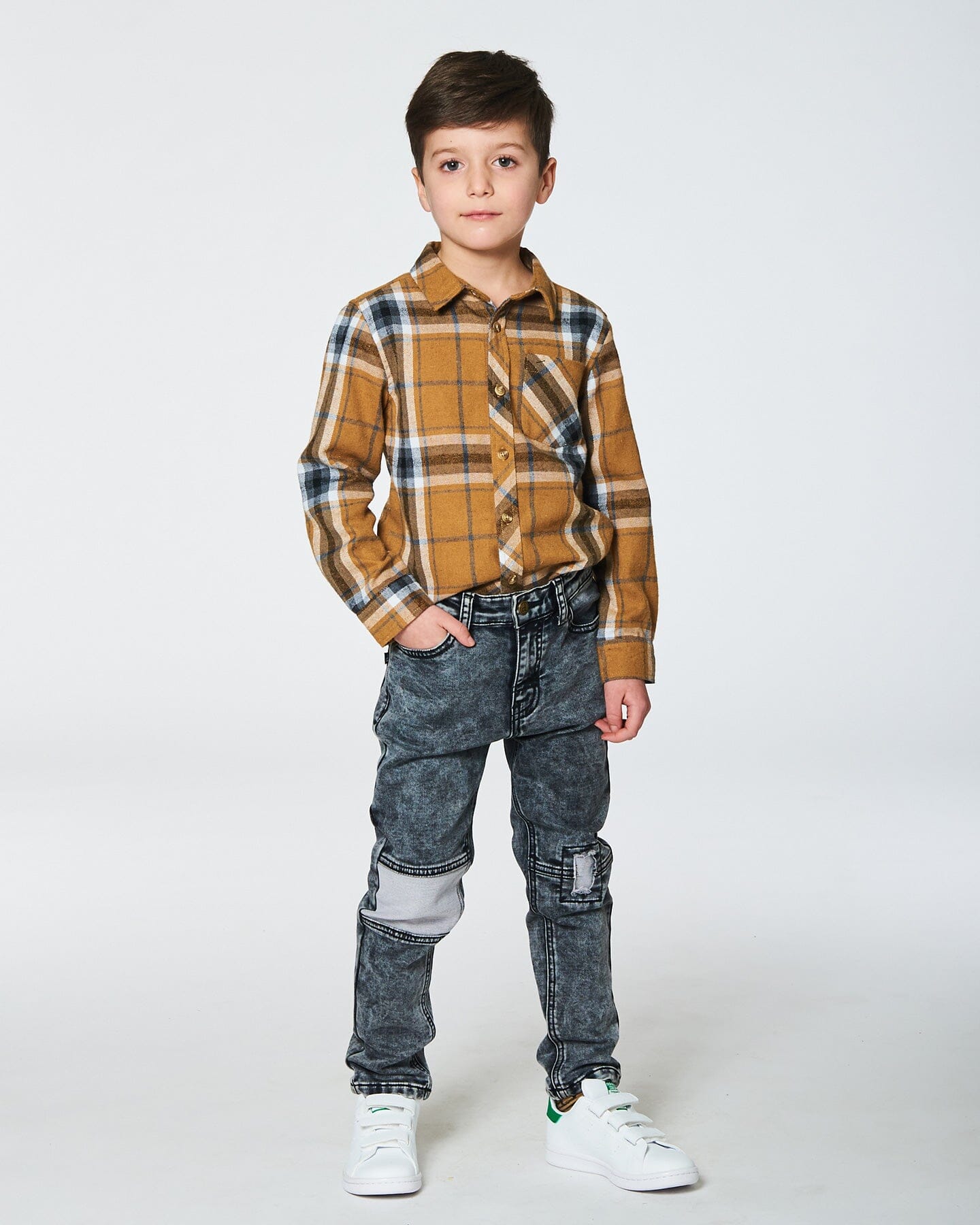 Button Down Flannel Shirt With Pocket Plaid Golden Yellow And Gray-2