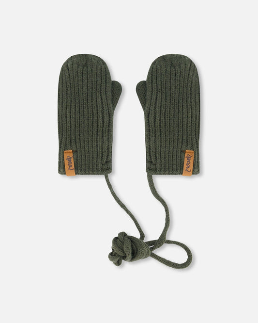 Knitted Mittens With String Forest Green-0