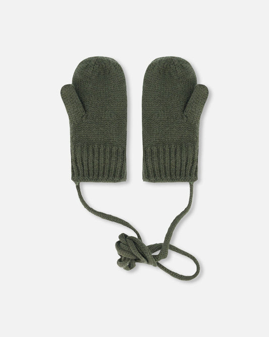 Knitted Mittens With String Forest Green-1