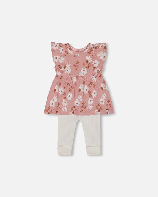 Printed Muslin Tunic And Rib Leggings Set Pink And White Flowers-0
