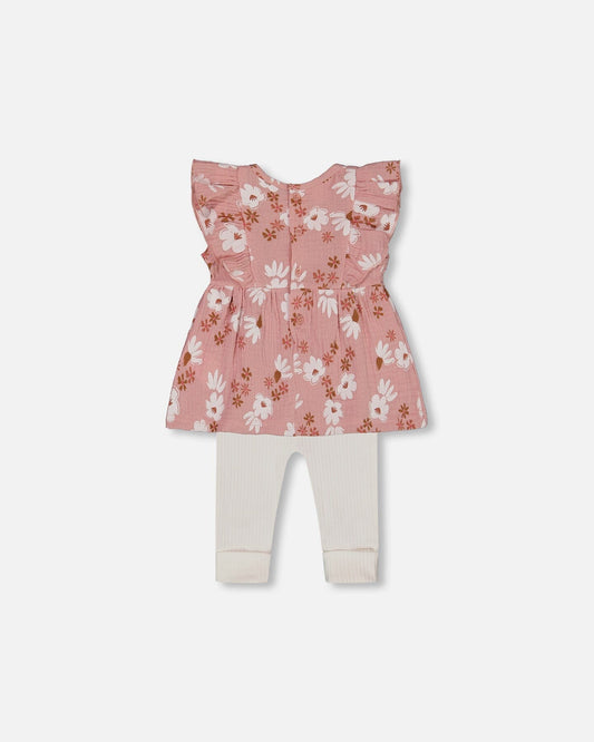 Printed Muslin Tunic And Rib Leggings Set Pink And White Flowers-1