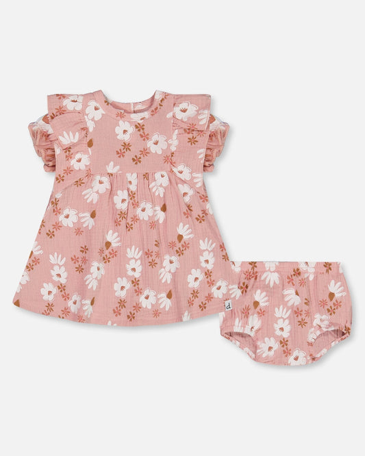 Printed Muslin Dress And Bloomer Set Pink And White Flowers-0