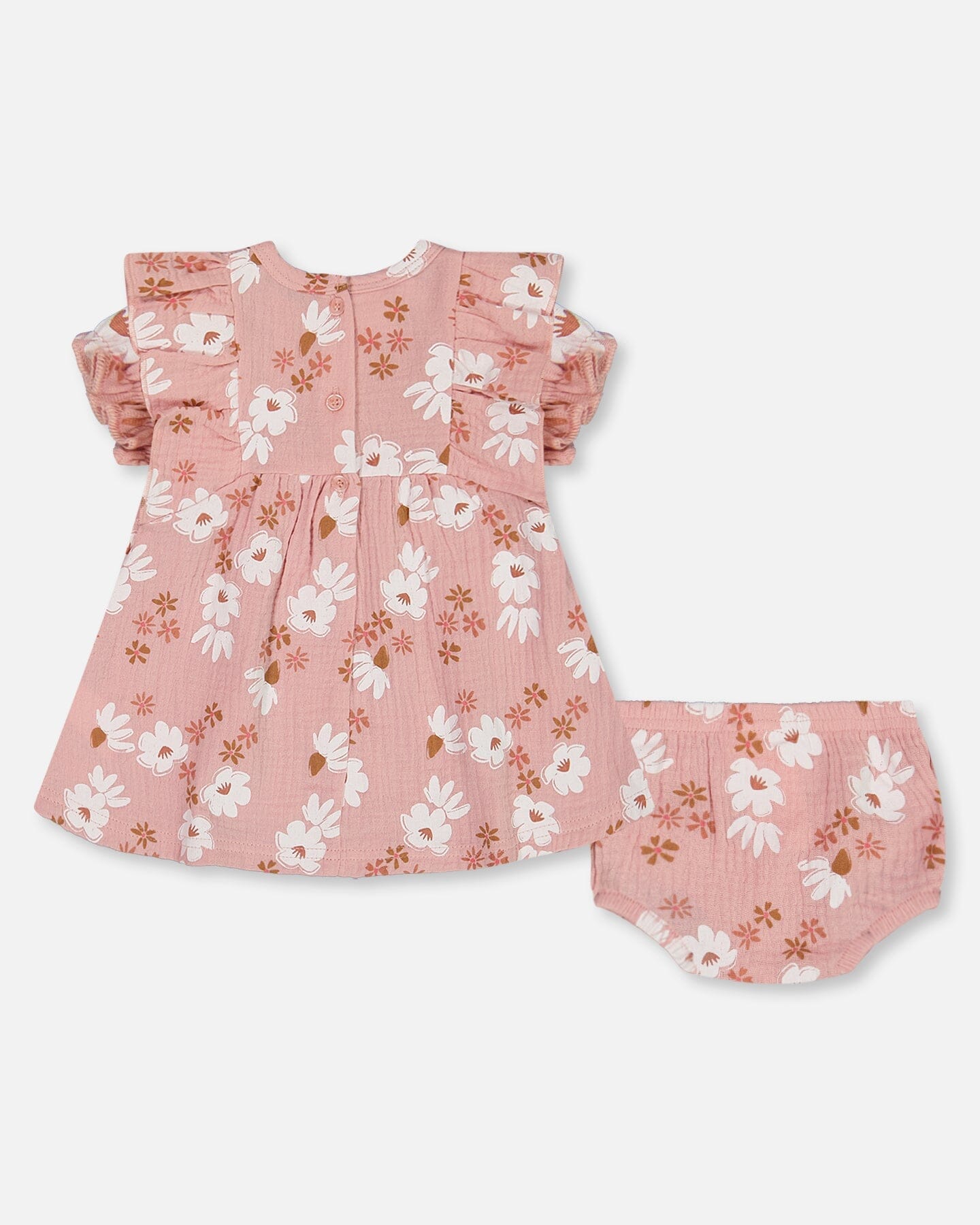 Printed Muslin Dress And Bloomer Set Pink And White Flowers-1