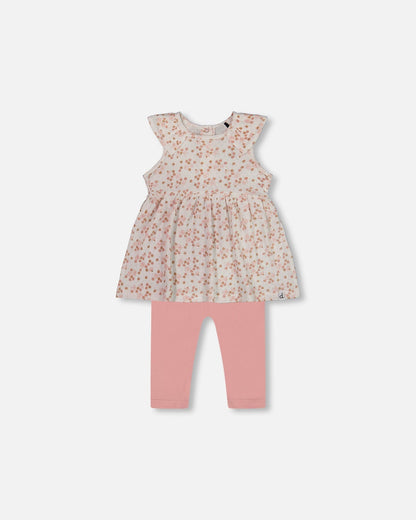 Printed Organic Cotton Tunic And Leggings Set White With Pink Flowers-0