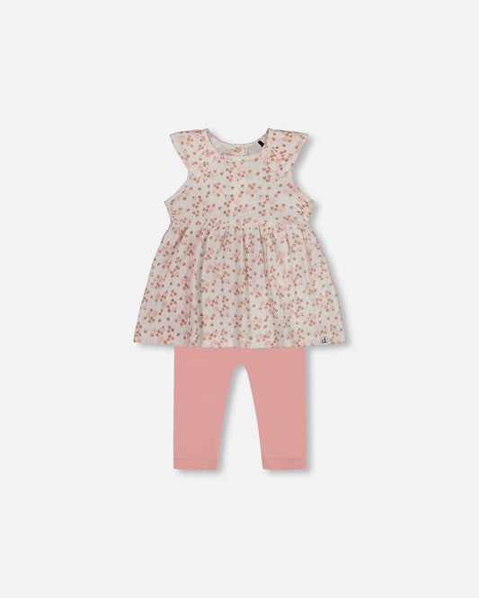 Printed Organic Cotton Tunic And Leggings Set White With Pink Flowers-0