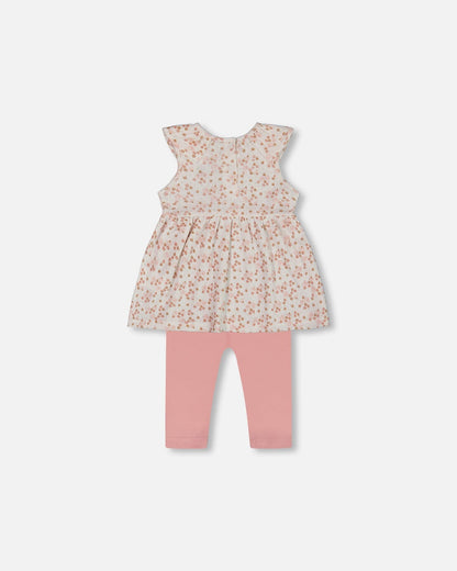 Printed Organic Cotton Tunic And Leggings Set White With Pink Flowers-1