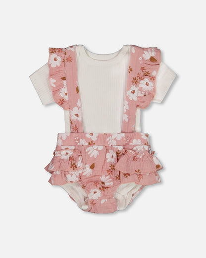Printed Muslin Short And Organic Cotton Bodysuit Set Pink And White Flowers-0