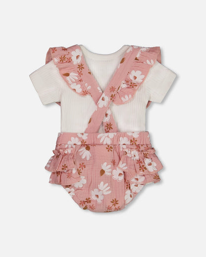 Printed Muslin Short And Organic Cotton Bodysuit Set Pink And White Flowers-2