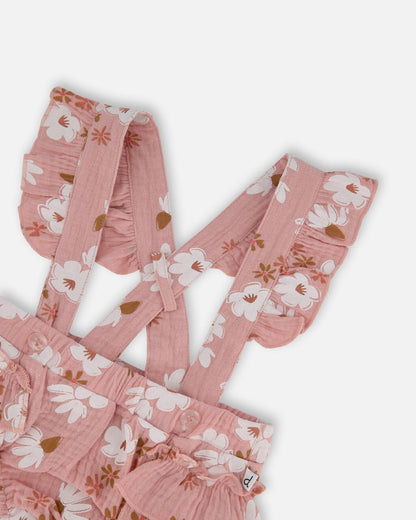 Printed Muslin Short And Organic Cotton Bodysuit Set Pink And White Flowers-4
