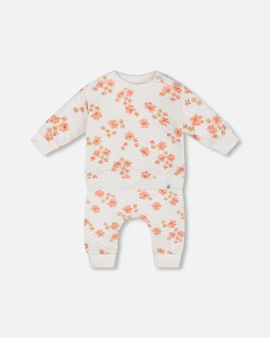 Printed Quilted Top And Pant Set White And Pink Flowers-0