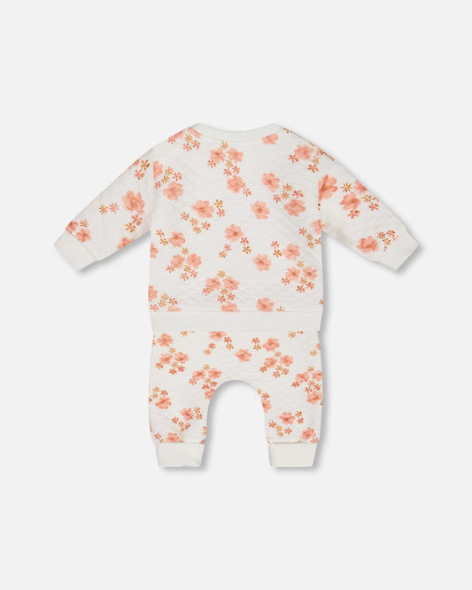 Printed Quilted Top And Pant Set White And Pink Flowers-1