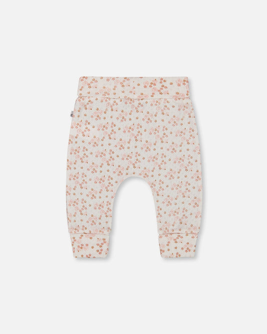 Organic Cotton Pointelle Evolutive Pant Printed Pink And White Flowers-1