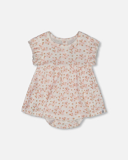 Organic Cotton Pointelle Romper Printed White And Pink Flowers-0
