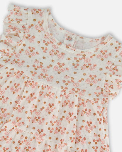 Organic Cotton Pointelle Romper Printed White And Pink Flowers-3