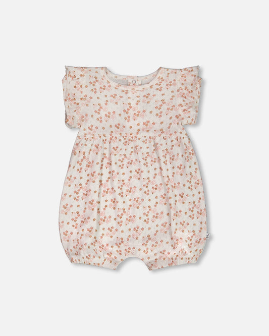 Organic Cotton Pointelle Romper With Frills Printed White And Pink Flowers-0