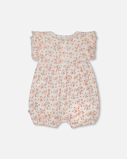 Organic Cotton Pointelle Romper With Frills Printed White And Pink Flowers-1