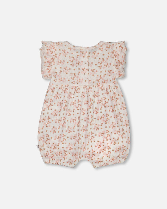 Organic Cotton Pointelle Romper With Frills Printed White And Pink Flowers-1