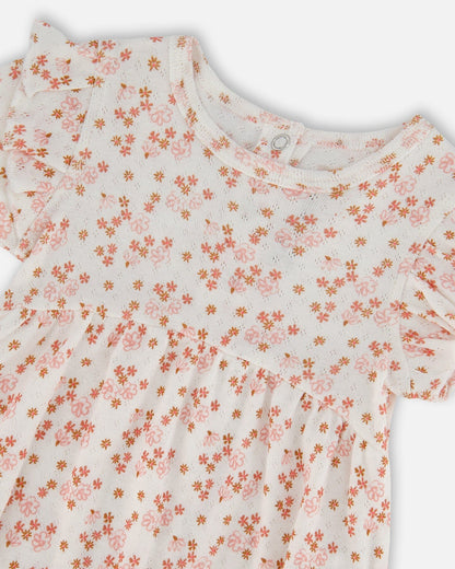 Organic Cotton Pointelle Romper With Frills Printed White And Pink Flowers-2