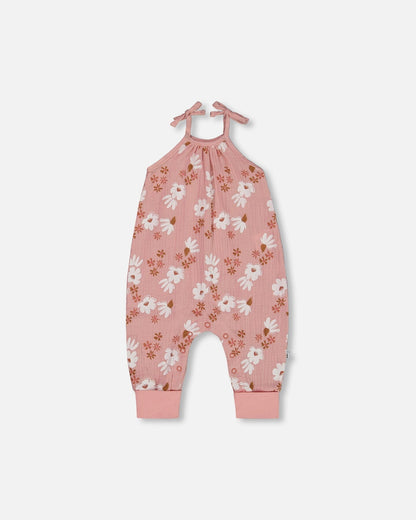 Printed Muslin Tie Strap Jumpsuit Pink And White Flowers-0
