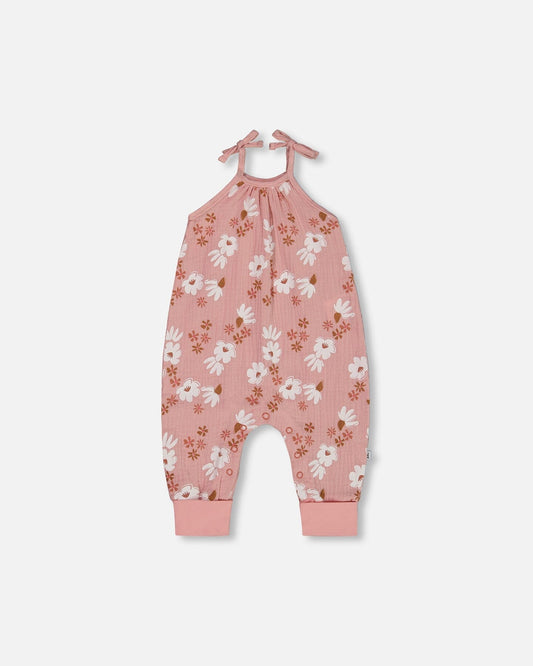 Printed Muslin Tie Strap Jumpsuit Pink And White Flowers-0