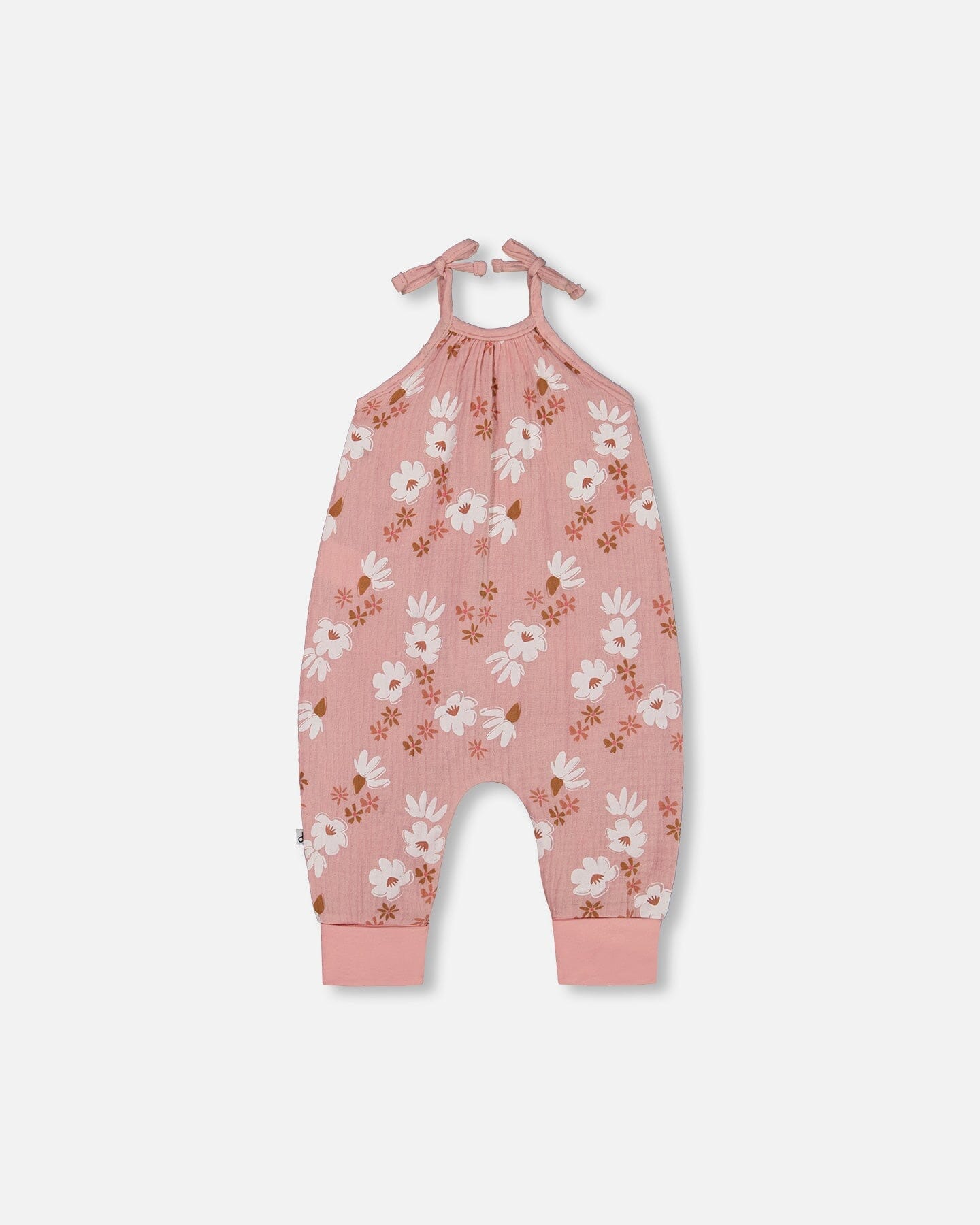 Printed Muslin Tie Strap Jumpsuit Pink And White Flowers-2
