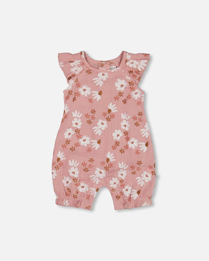 Printed Muslin Romper Pink And White Flowers-0