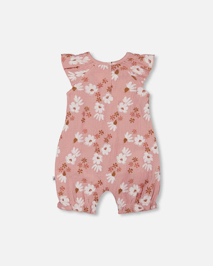Printed Muslin Romper Pink And White Flowers-2