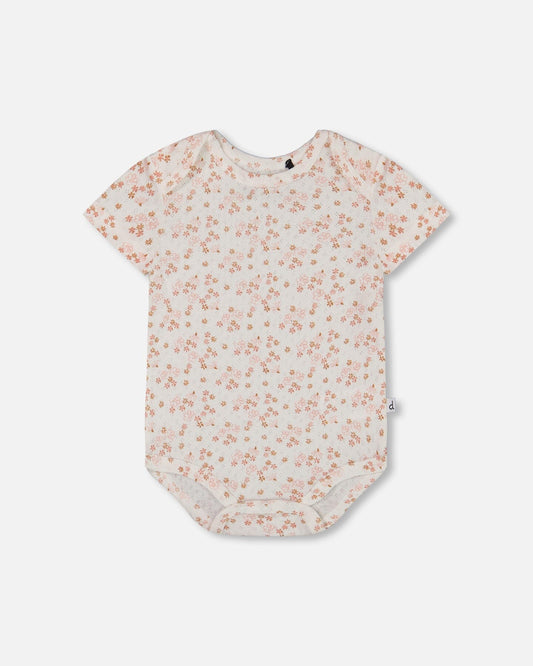 Organic Cotton Pointelle Onesie Printed White And Pink Flowers-0