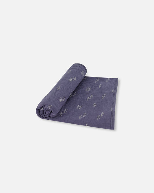 Printed Muslin Blanket Navy Blue Paper Boats-0