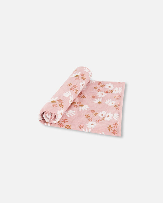 Printed Muslin Blanket Pink And White Flowers-0