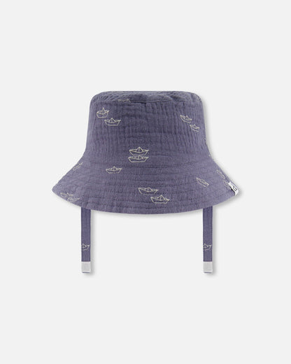 Printed Muslin Bucket Hat Navy Blue Paper Boats-0