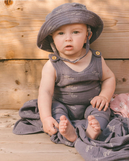 Printed Muslin Bucket Hat Navy Blue Paper Boats-1