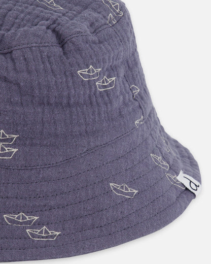 Printed Muslin Bucket Hat Navy Blue Paper Boats-4