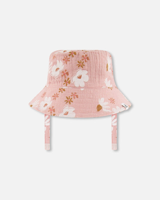 Printed Muslin Bucket Hat Pink And White Flowers-0