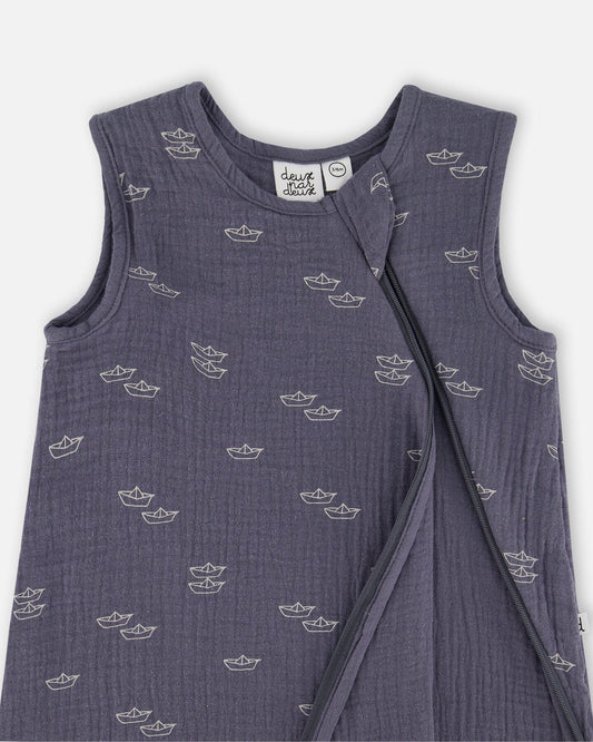 Printed Muslin Sleep Sack Navy Blue Paper Boats-1