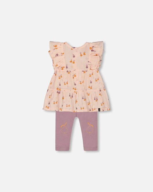Printed Muslin Tunic And Organic Cotton Legging Set Peach With Pears And Purple-0