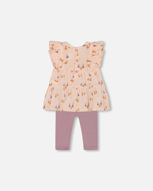 Printed Muslin Tunic And Organic Cotton Legging Set Peach With Pears And Purple-1