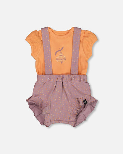 Printed Organic Cotton Onesie And Shortall Set Orange And Purple-0