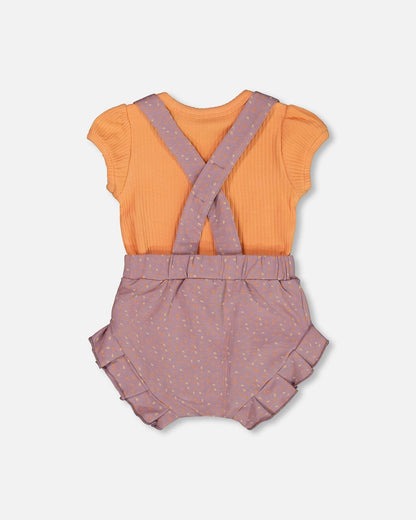 Printed Organic Cotton Onesie And Shortall Set Orange And Purple-2