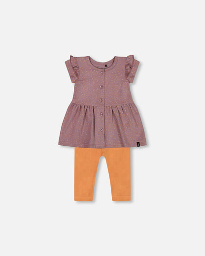Printed Organic Cotton Dress And Solid Leggings Set Orange And Purple-0