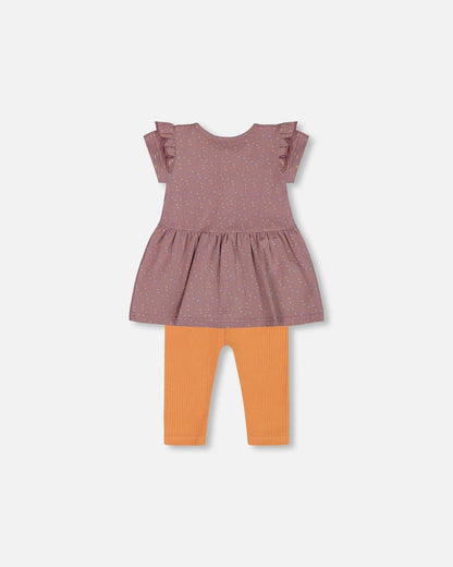 Printed Organic Cotton Dress And Solid Leggings Set Orange And Purple-1