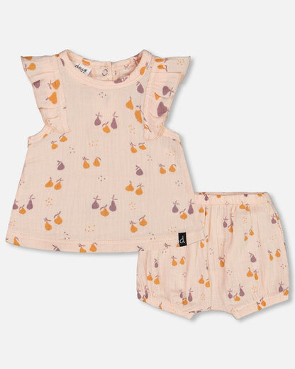 Printed Muslin Top And Bloomer Set Peach With Pears-0