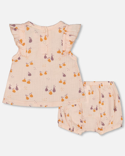 Printed Muslin Top And Bloomer Set Peach With Pears-1