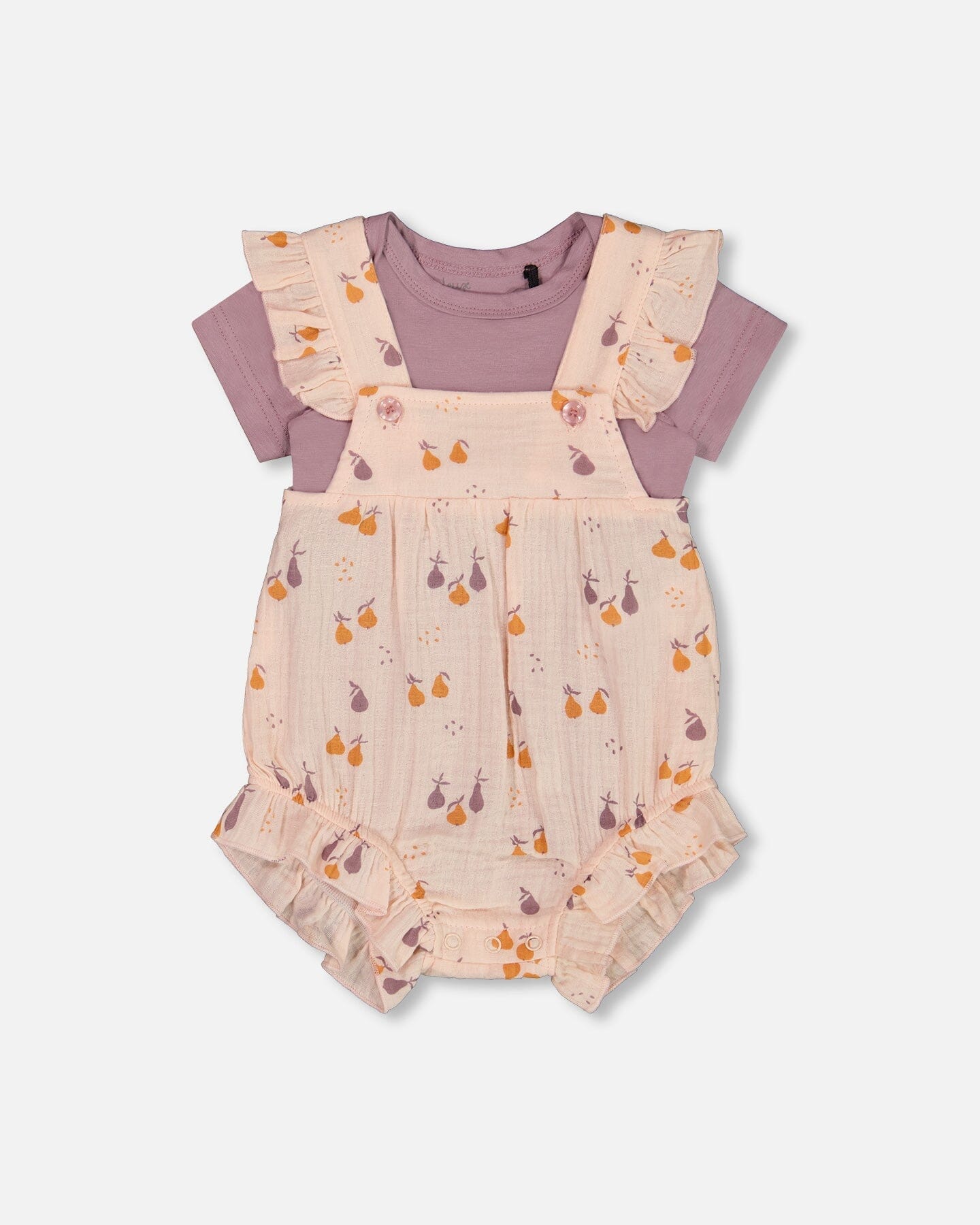 Printed Muslin Shortall And Organic Cotton Onesie Set Peach With Pears-0