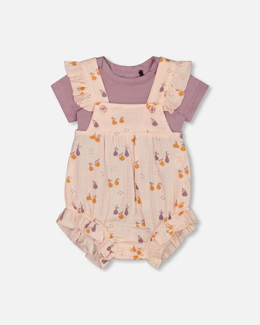 Printed Muslin Shortall And Organic Cotton Onesie Set Peach With Pears-0