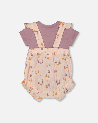 Printed Muslin Shortall And Organic Cotton Onesie Set Peach With Pears-2