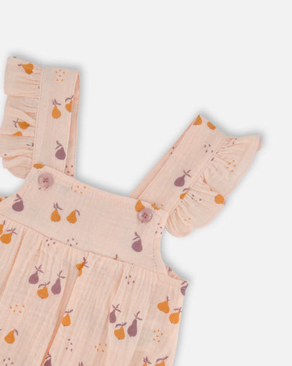Printed Muslin Shortall And Organic Cotton Onesie Set Peach With Pears-3
