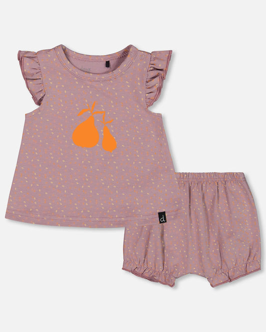 Printed Organic Cotton Top And Bloomer Set Purple With Pear Seeds-0